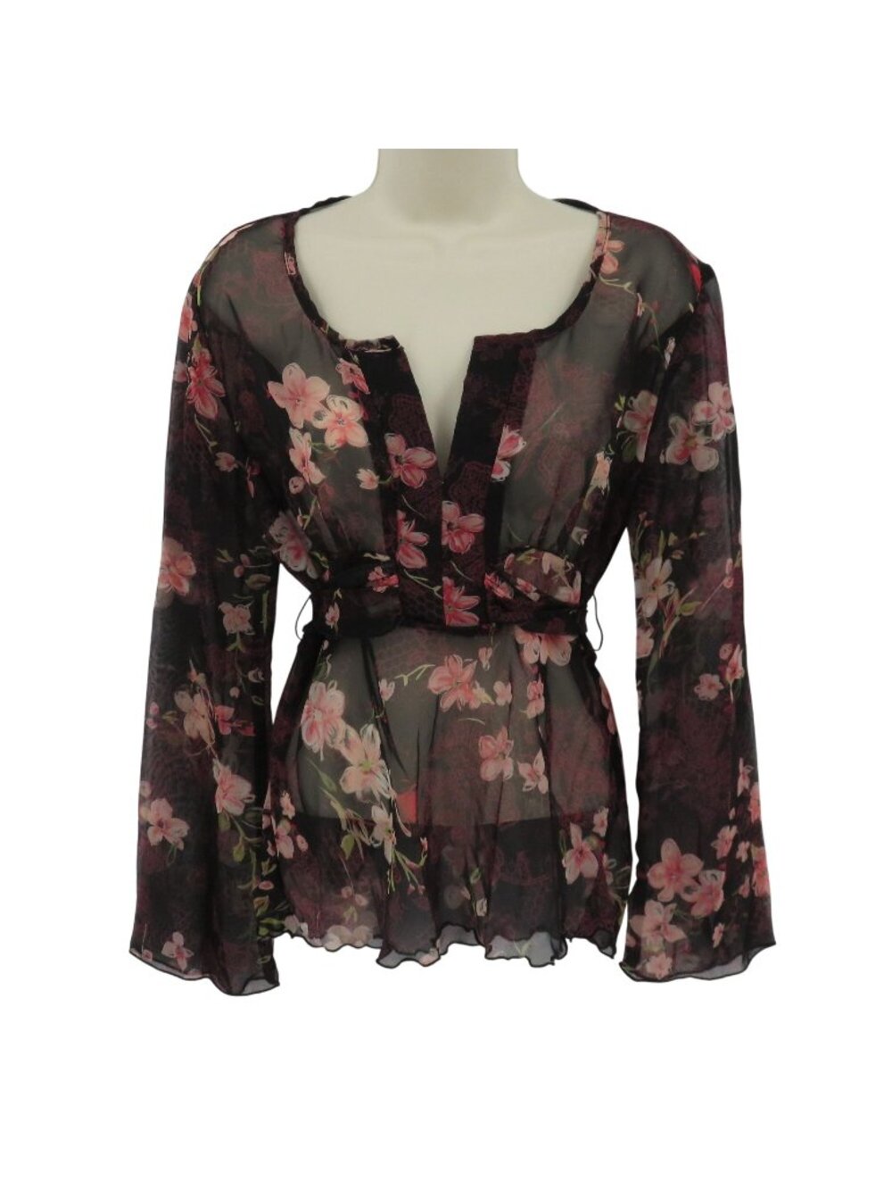 Wet Seal Juniors Medium Y2K Sheer Cherry Blossom Black Long Sleeve Blouse Shirt